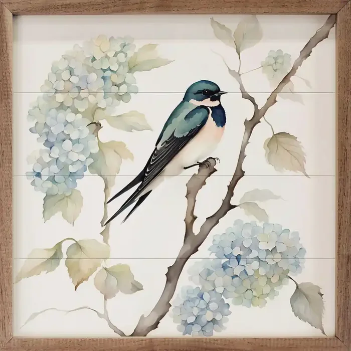 12×12 Barn Swallow on Hydrangea Framed Wall Decor