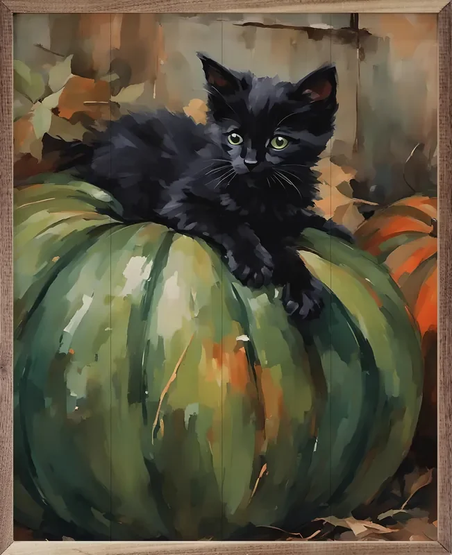 16×20 Kitten on Green Pumpkin Framed Art