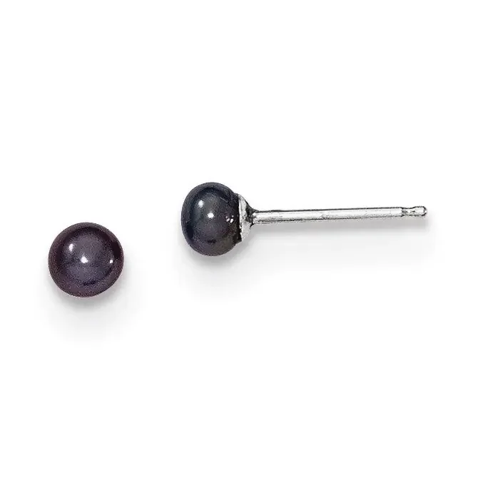 3-4mm Black Button Cultured Pearl Stud Earrings 14k White Gold XW30BB