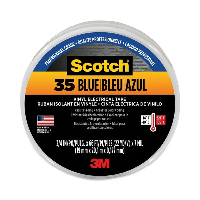 3M™ Scotch 35 Vinyl Electrical Color Coding Tape, 3″ Core, 0.75″ X 66 Ft, Blue