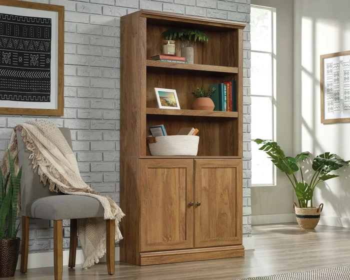 5-Shelf Bookcase with Doors in Sindoori Mango – Adjustable Shelves & Hidden Cabinet Storage, Display Bookshelf for Living Room, Office or Bedroom