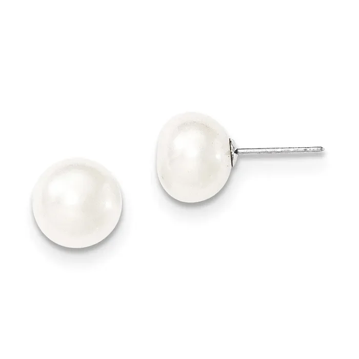 9-10mm White Button Cultured Pearl Stud Earrings 14k White Gold XW90BW
