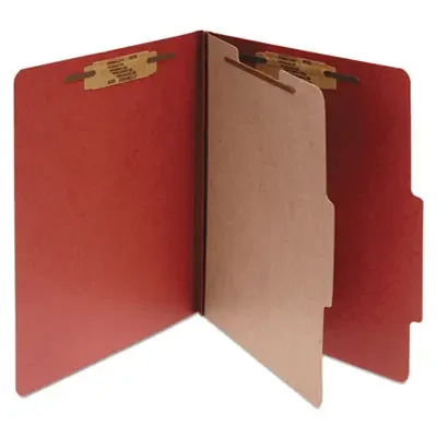 ACCO Pressboard Classification Folders, 2″ Expansion, 1 Divider, 4 Fasteners, Legal Size, Earth Red Exterior, 10/Box