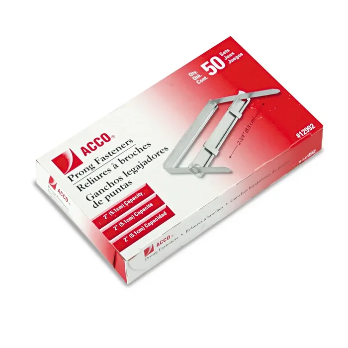 ACCO Standard Two-Piece Two-Prong Paper Fastener Base and Compressor Sets, 2″ Capacity, 2.75″ Center to Center, Silver, 50/Box