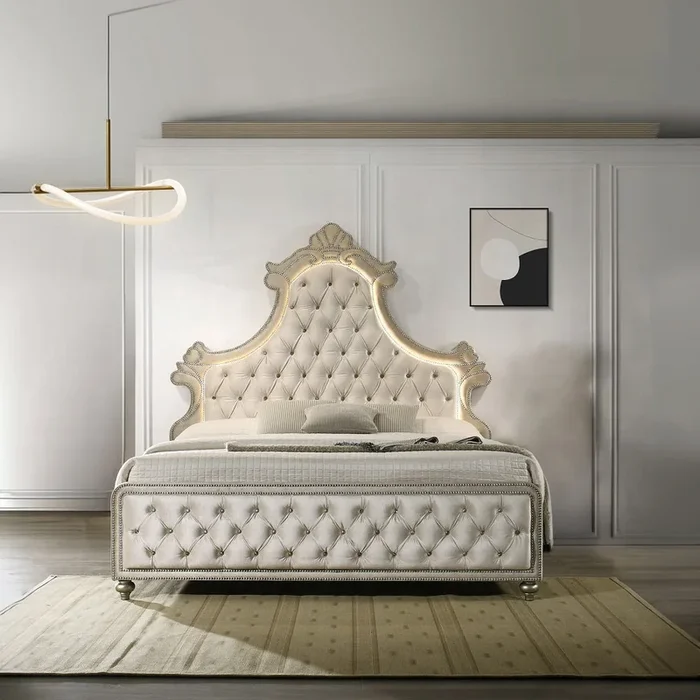 ACME Lucienne Beige Velvet Eastern King Bed w/ LED Model BD02334EK