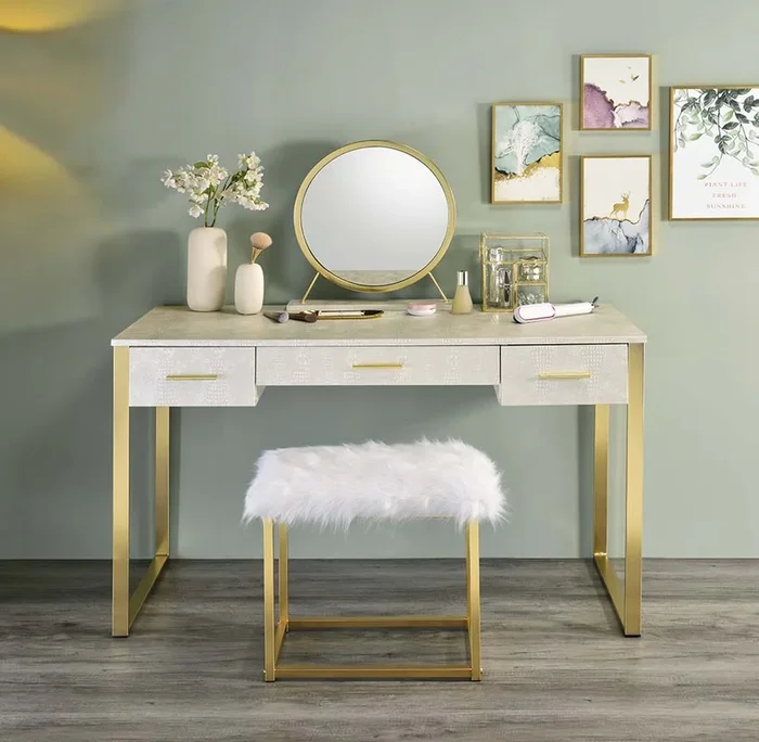 ACME Myles Antique White & Champagne Finish Vanity Desk Model AC00841