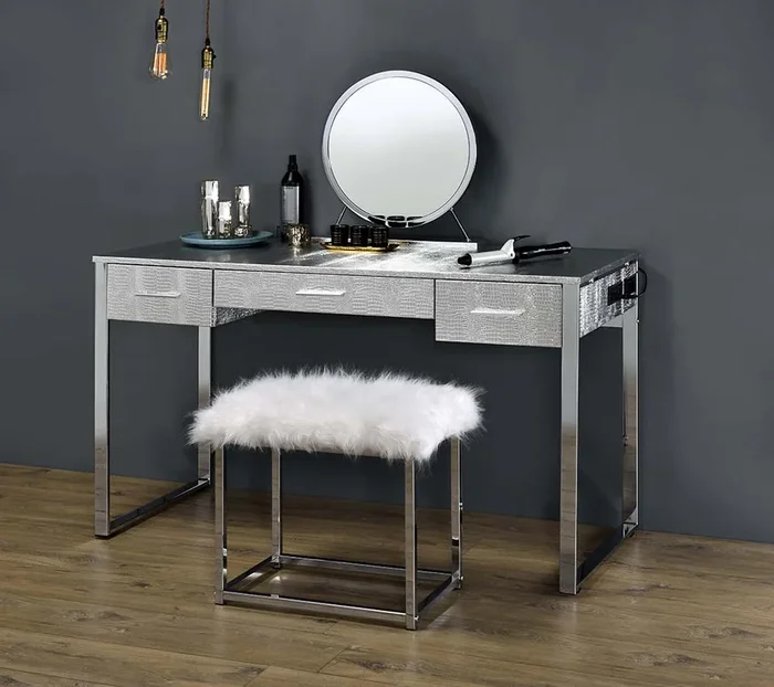 ACME Myles Antique White & Chrome Finish Vanity Desk Model AC00840