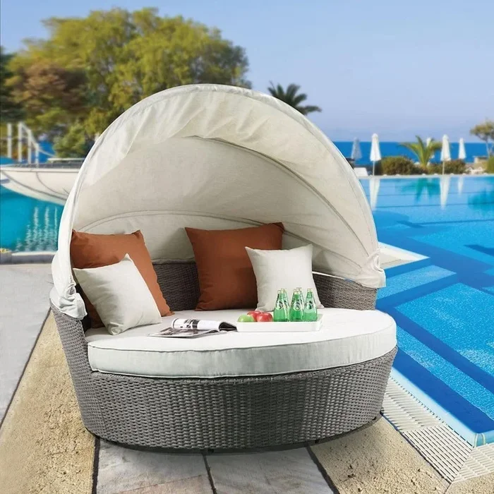 Acme Salena Patio Canopy Sofa with Ottoman in Beige Fabric & Gray Wicker 45025