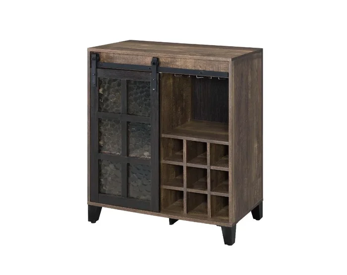 ACME Treju Obscure Glass, Rustic Oak & Black Finish Wine Cabinet Model 97836