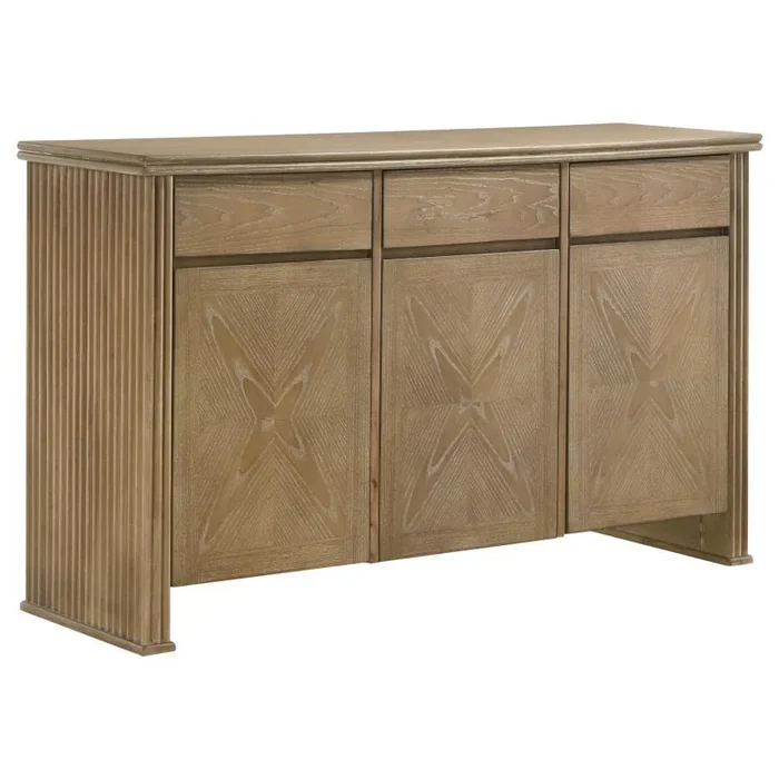Adina 2-Door Sideboard Server – Distressed Light Brown Oak Veneer Storage Cabinet with Vertical Reeding Panels & Adjustable Shelves