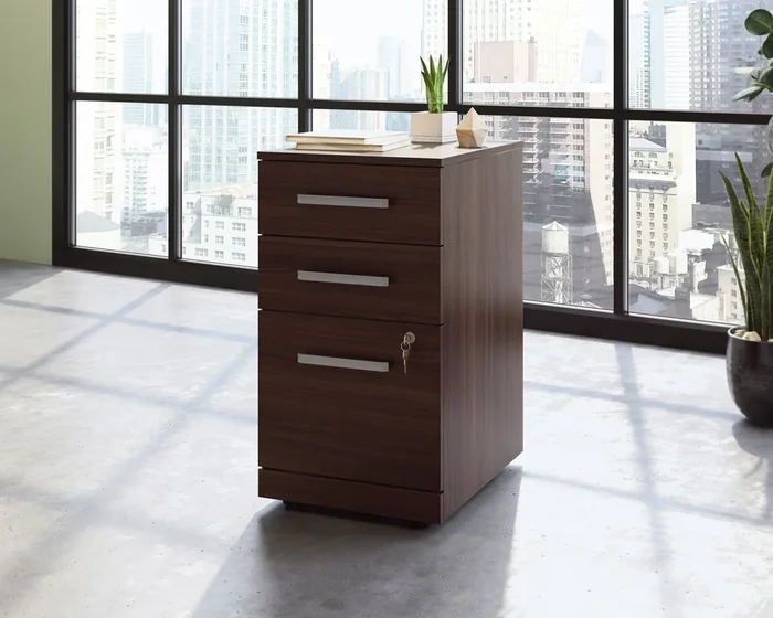 Affirm 3-Drawer Mobile Pedestal File Cabinet in Noble Elm – Locking Lower Drawer, Hidden Casters, Full Extension Slides & Safety Interlock System