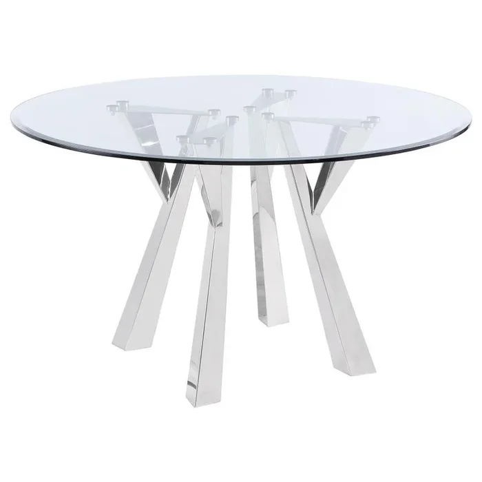 Alaia Round Clear Glass Top Dining Table – Glamorous Chrome Geometric Base, Beveled Edge Glass Surface & Stylish Modern Dining Centerpiece