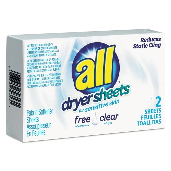 All® Free Clear Vend Pack Dryer Sheets, Fragrance Free, 2 Sheets/box, 100 Box/carton