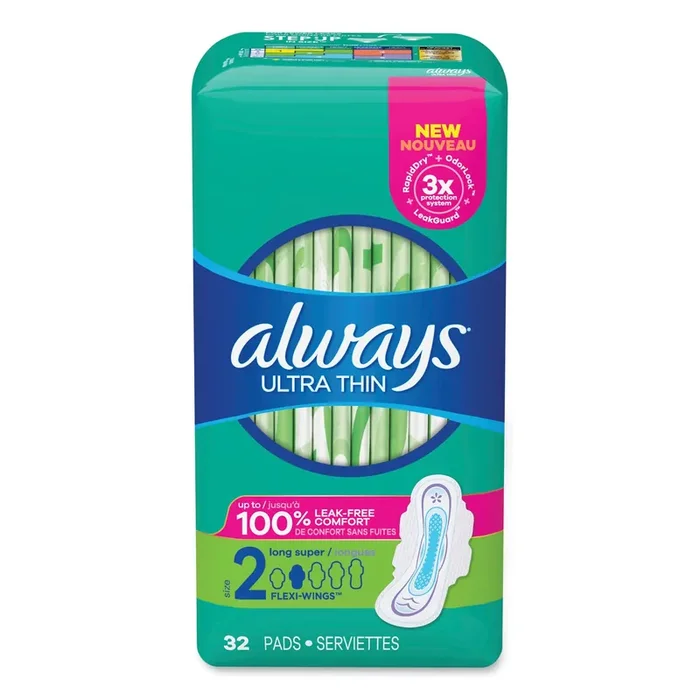 Always® Ultra Thin Pads With Wings, Size 2, Long, Super Absorbent, 32/pack, 3 Packs/carton
