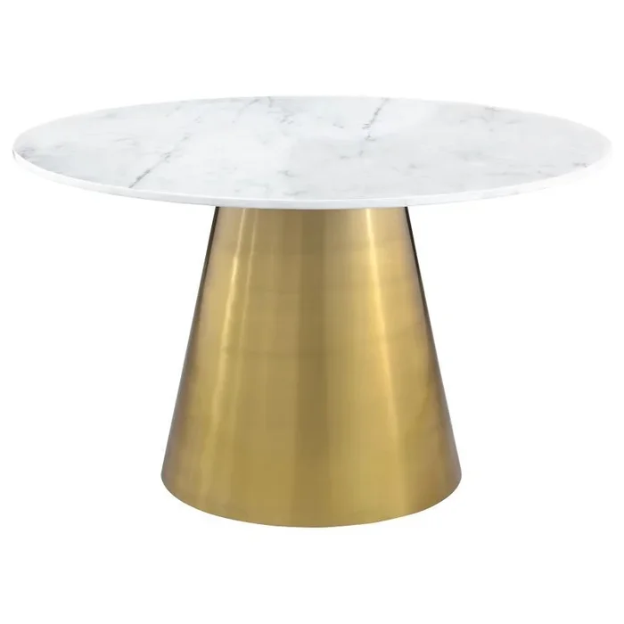 Ambrose Round Marble Top Dining Table – 50″ Elegant White Marble with Light Grey Veining, Brushed Gold Pedestal Base for Luxurious Modern Dining
