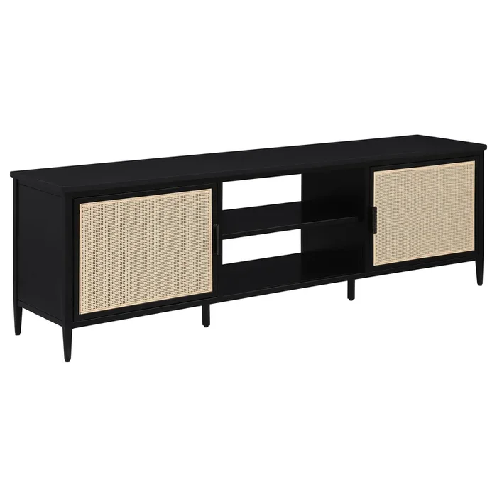 Amherst 70″ 2-Door Metal TV Stand Media Console – Black | Modern Design with Rattan Front Doors, Open Shelving for Electronics & Cable Management