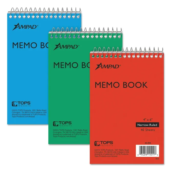 Ampad® Memo Pads, Narrow Rule, Assorted Cover Colors, 40 White 4 X 6 Sheets, 3/pack