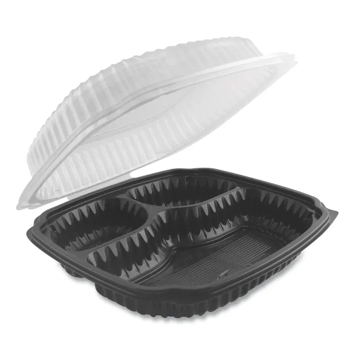 Anchor Packaging Culinary Lites Microwavable 3-Compartment Container, 20 oz/5 oz/5 oz, 9 x 9 x 3.13, Clear/Black, Plastic, 100/Carton