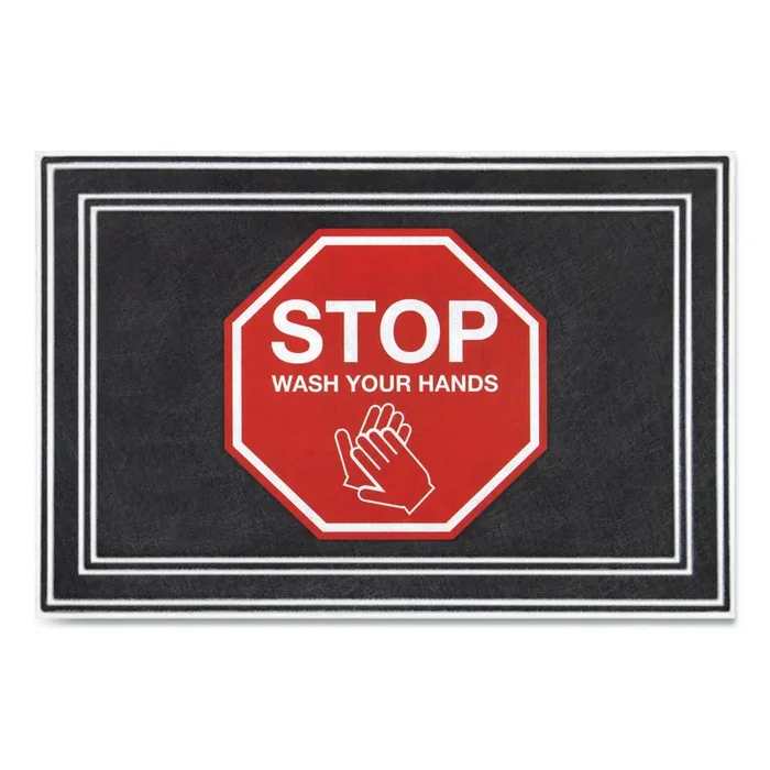 Apache Mills® Message Floor Mats, 24 X 36, Charcoal/red, “stop Wash Your Hands”