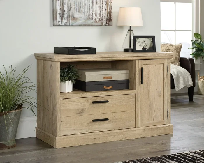 Aspen Post Small Credenza – Prime Oak Finish, Adjustable Shelves, File Drawer with Full Extension Slides for Home Office