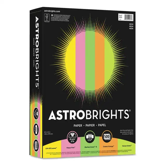 Astrobrights® Color Paper – “Neon” Assortment, 24 lb Bond Weight, 8.5 x 11, Assorted Neon Colors, 500/Ream