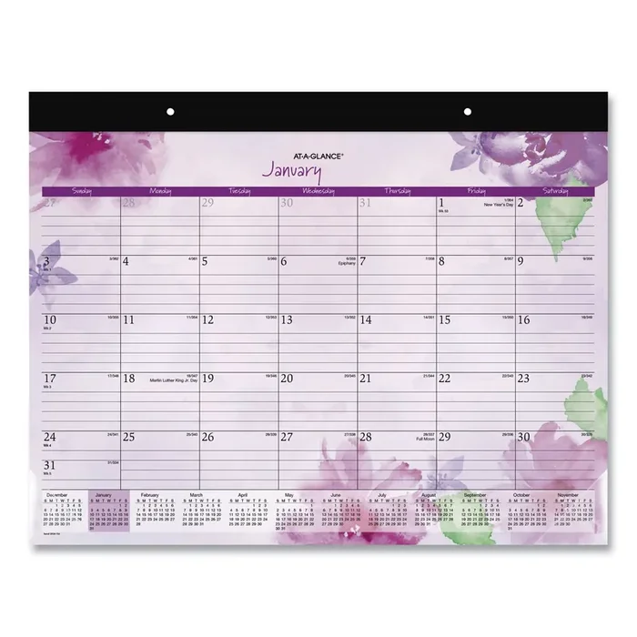 AT-A-GLANCE® Beautiful Day Desk Pad Calendar, Floral Artwork, 21.75 x 17, Assorted Color Sheets, Black Binding, 12-Month (Jan-Dec) 2025