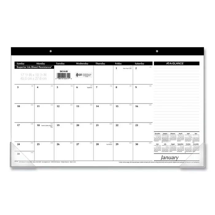AT-A-GLANCE® Compact Desk Pad, 18 x 11, White Sheets, Black Binding, Clear Corners, 12-Month (Jan to Dec) 2025