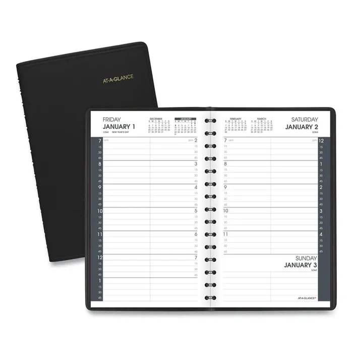 AT-A-GLANCE® Daily Appointment Book with 15-Minute Appointments, One Day/Page Mon to Sun, 8 x 5, Black Cover, 12-Month (Jan to Dec) 2025