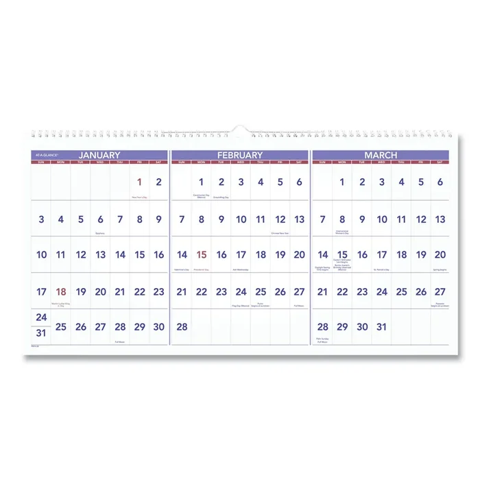 AT-A-GLANCE® Deluxe Three-Month Reference Wall Calendar, Horizontal Orientation, 24 x 12, White Sheets, 15-Month Dec 2024 to Feb 2026
