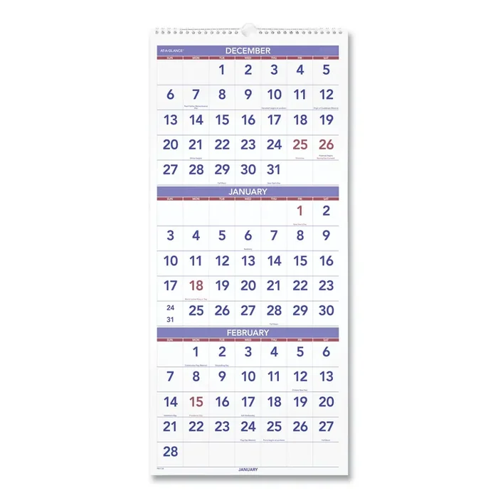 AT-A-GLANCE® Deluxe Three-Month Reference Wall Calendar, Vertical Orientation, 12 x 27, White Sheets, 14-Month Dec 2024 to Jan 2026