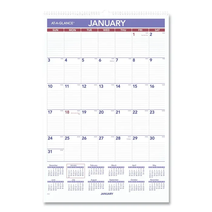 AT-A-GLANCE® Monthly Wall Calendar with Ruled Daily Blocks, 15.5 x 22.75, White Sheets, 12-Month (Jan to Dec) 2025