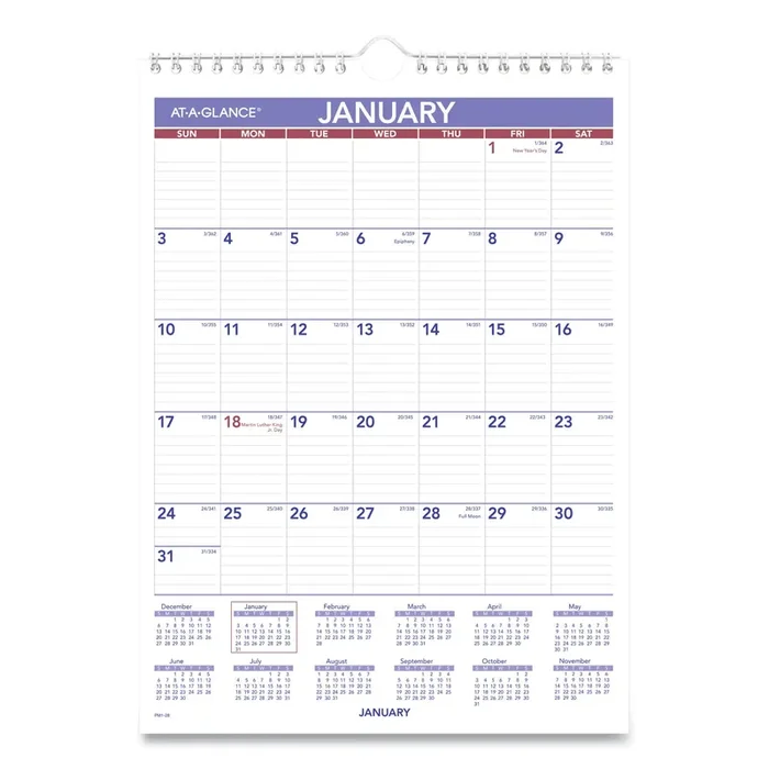 AT-A-GLANCE® Monthly Wall Calendar with Ruled Daily Blocks, 8 x 11, White Sheets, 12-Month (Jan to Dec) 2025