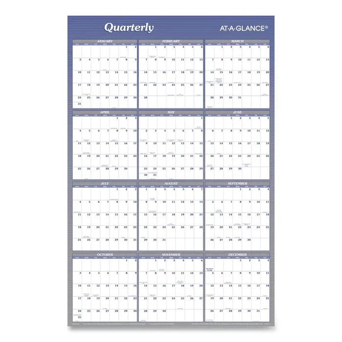 AT-A-GLANCE® Vertical/Horizontal Erasable Quarterly/Monthly Wall Planner, 24 x 36, White/Blue Sheets, 12-Month (Jan to Dec) 2025
