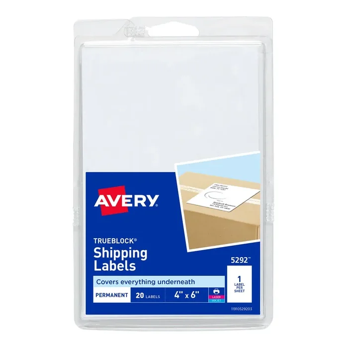Avery® 4 X 6 Shipping Labels With Trueblock Technology, Inkjet/laser Printers, 4 X 6, White, 20/pack