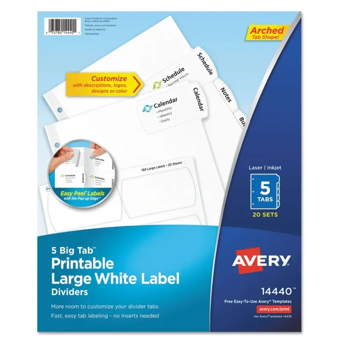 Avery® Big Tab Printable Large White Label Tab Dividers, 5-Tab, 11 x 8.5, White, 20 Sets