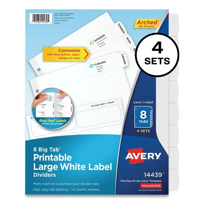 Avery® Big Tab Printable Large White Label Tab Dividers, 8-Tab, 11 x 8.5, White, 4 Sets