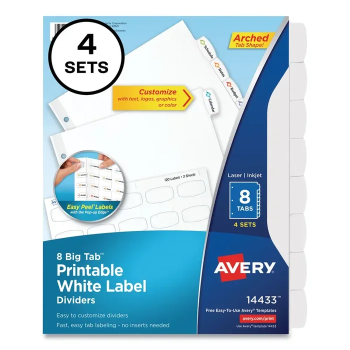 Avery® Big Tab Printable White Label Tab Dividers, 8-Tab, 11 x 8.5, White, 4 Sets