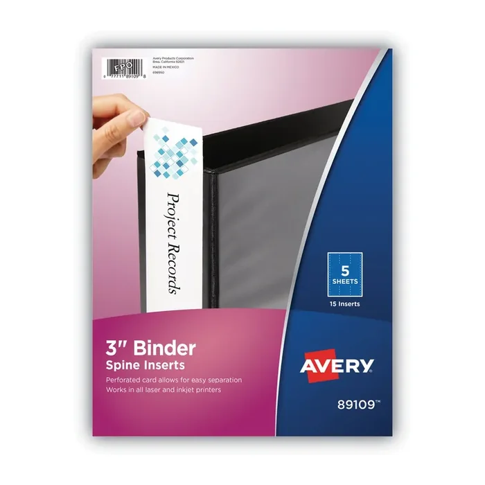 Avery® Binder Spine Inserts, 3″ Spine Width, 3 Inserts/sheet, 5 Sheets/pack