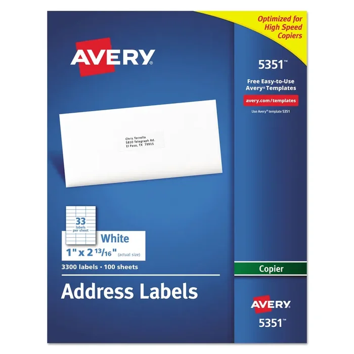 Avery® Copier Mailing Labels, Copiers, 1 X 2.81, White, 33/sheet, 100 Sheets/box