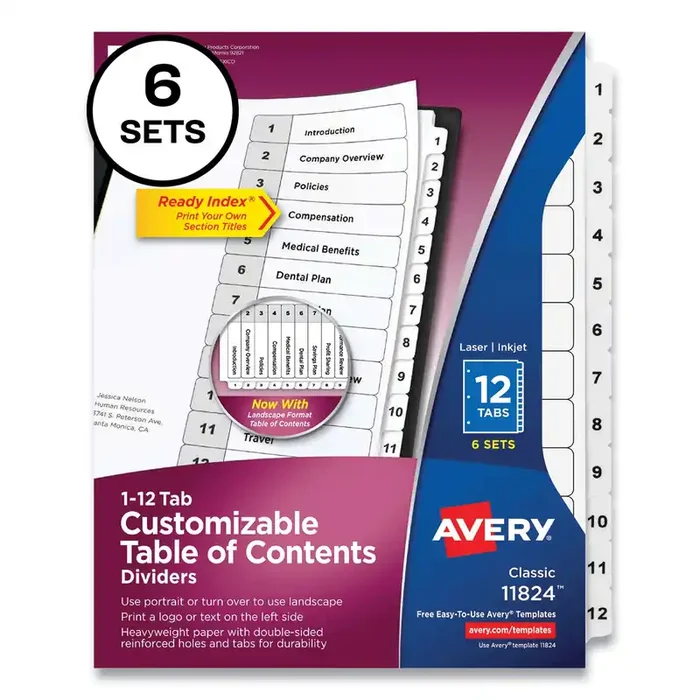 Avery® Customizable Table of Contents Ready Index Black and White Dividers, 12-Tab, 1 to 12, 11 x 8.5, White, 6 Sets