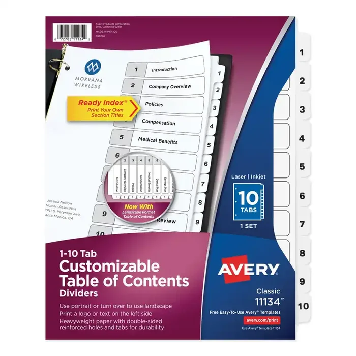 Avery® Customizable TOC Ready Index Black and White Dividers, 10-Tab, 1 to 10, 11 x 8.5, 1 Set