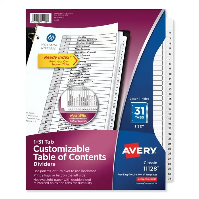 Avery® Customizable TOC Ready Index Black and White Dividers, 31-Tab, 1 to 31, 11 x 8.5, 1 Set