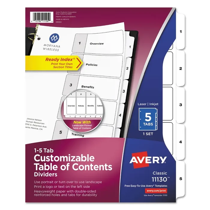 Avery® Customizable TOC Ready Index Black and White Dividers, 5-Tab, 1 to 5, 11 x 8.5, 1 Set