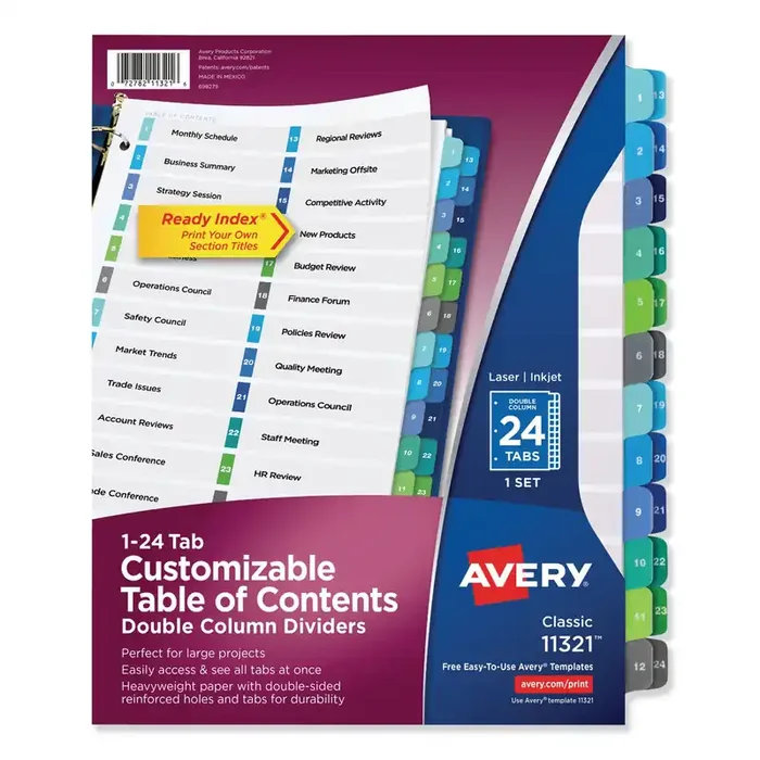 Avery® Customizable TOC Ready Index Double Column Multicolor Tab Dividers, 24-Tab, 1 to 24, 11 x 8.5, White, 1 Set