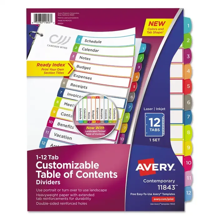 Avery® Customizable TOC Ready Index Multicolor Tab Dividers, 12-Tab, 1 to 12, 11 x 8.5, White, Contemporary Color Tabs, 1 Set