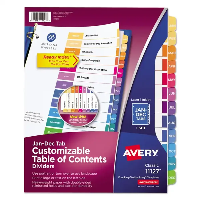 Avery® Customizable TOC Ready Index Multicolor Tab Dividers, 12-Tab, Jan. to Dec., 11 x 8.5, White, Traditional Color Tabs, 1 Set