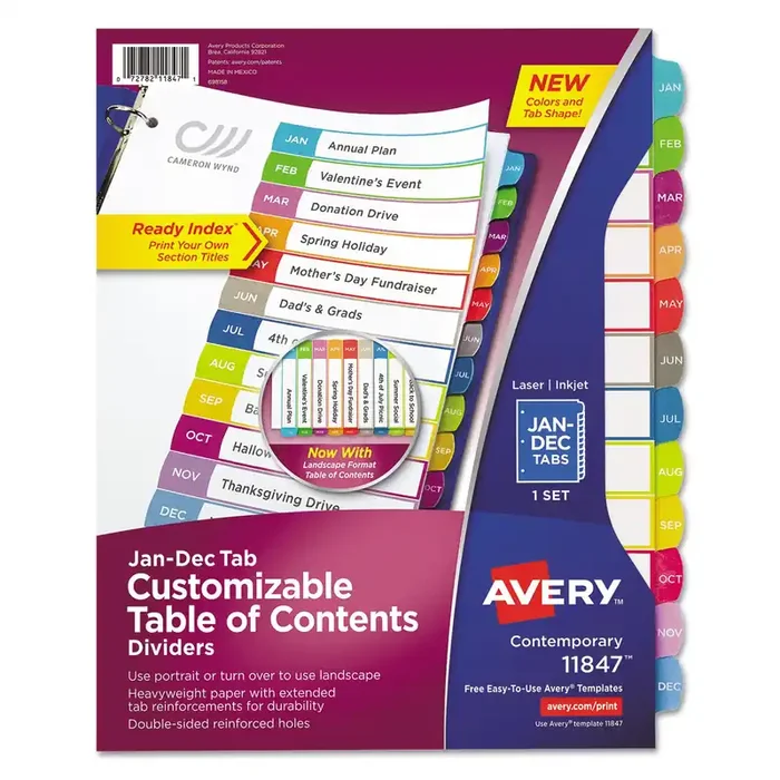 Avery® Customizable TOC Ready Index Multicolor Tab Dividers, 12-Tab, Jan. to Dec., 11 x 8.5, White, Contemporary Color Tabs, 1 Set