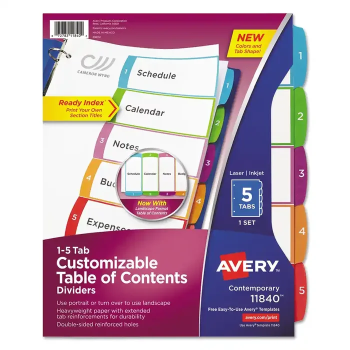 Avery® Customizable TOC Ready Index Multicolor Tab Dividers, 5-Tab, 1 to 5, 11 x 8.5, White, Contemporary Color Tabs, 1 Set