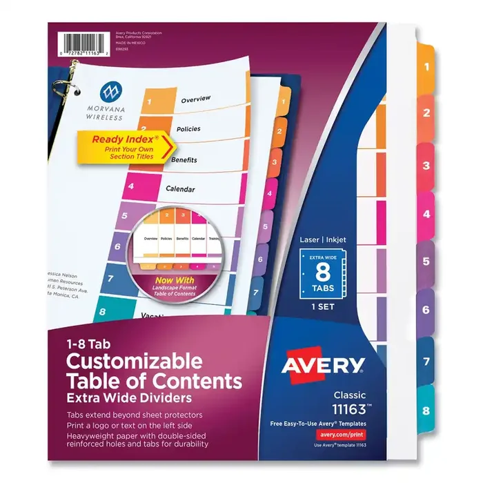 Avery® Customizable TOC Ready Index Multicolor Tab Dividers, Extra Wide Tabs, 8-Tab, 1 to 8, 11 x 9.25, White, 1 Set