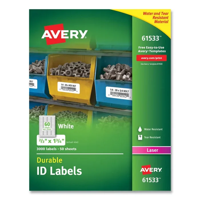 Avery® Durable Permanent Id Labels With Trueblock Technology, Laser Printers, 0.66 X 1.75, White, 60/sheet, 50 Sheets/pack